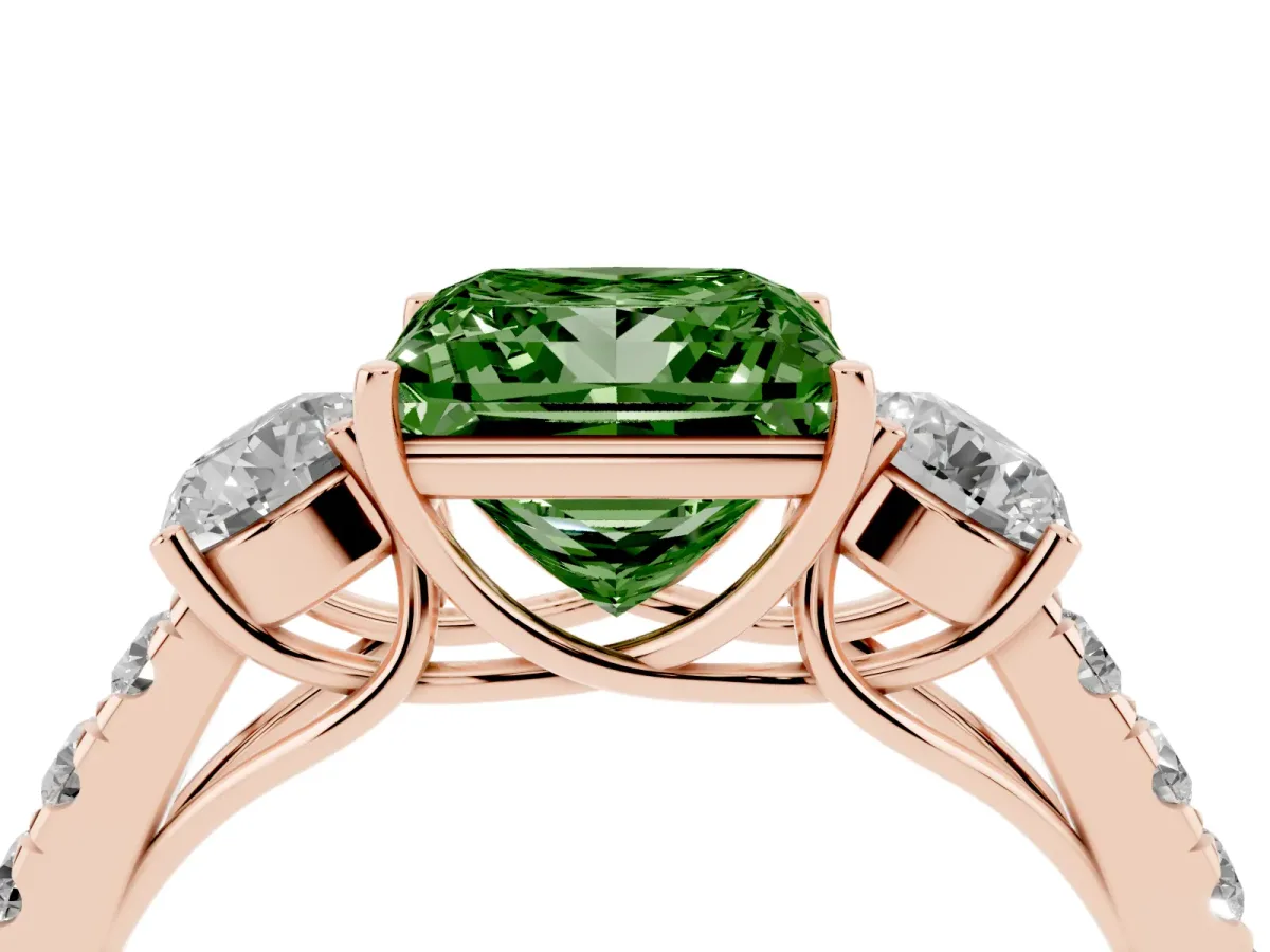 Fancy Green Princess Cut Cut Diamond Three-Stone Ring with Round Side Stones and Pavé Band Rose gold
