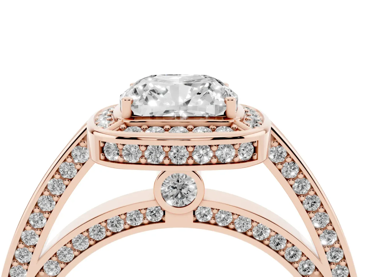 Cushion Cut Cut Halo Pave Split Shank Prong Setting Ring Rose gold