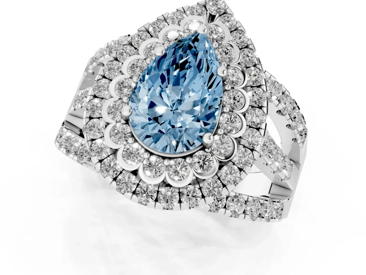 Fancy Blue Pear Cut Diamond Double Halo Ring with Round Pavé Split Shank and Prong Setting Silver