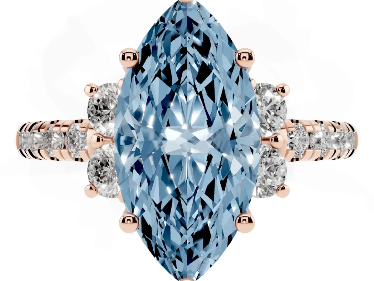 Fancy Blue Marquise Cut Diamond Three-Stone Pave Band with Four-Prong Setting Rose gold