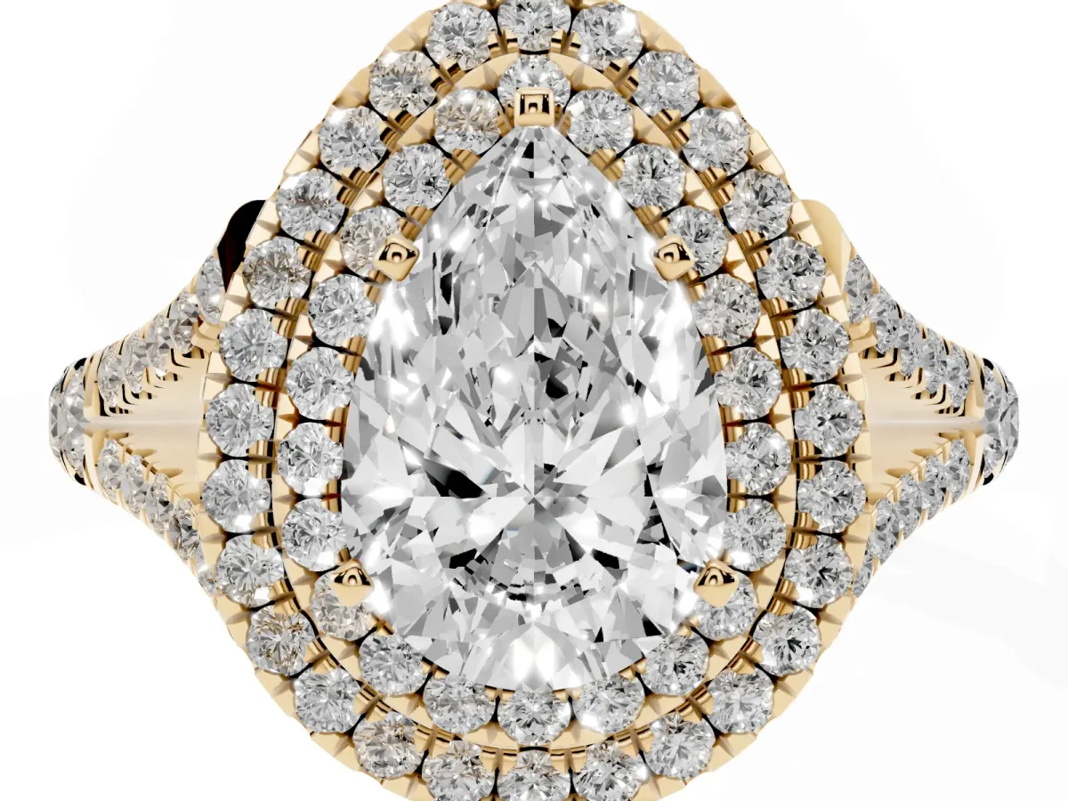 Pear Cut Diamond Pavé Split Shank Double Halo Engagement Ring Yellow gold