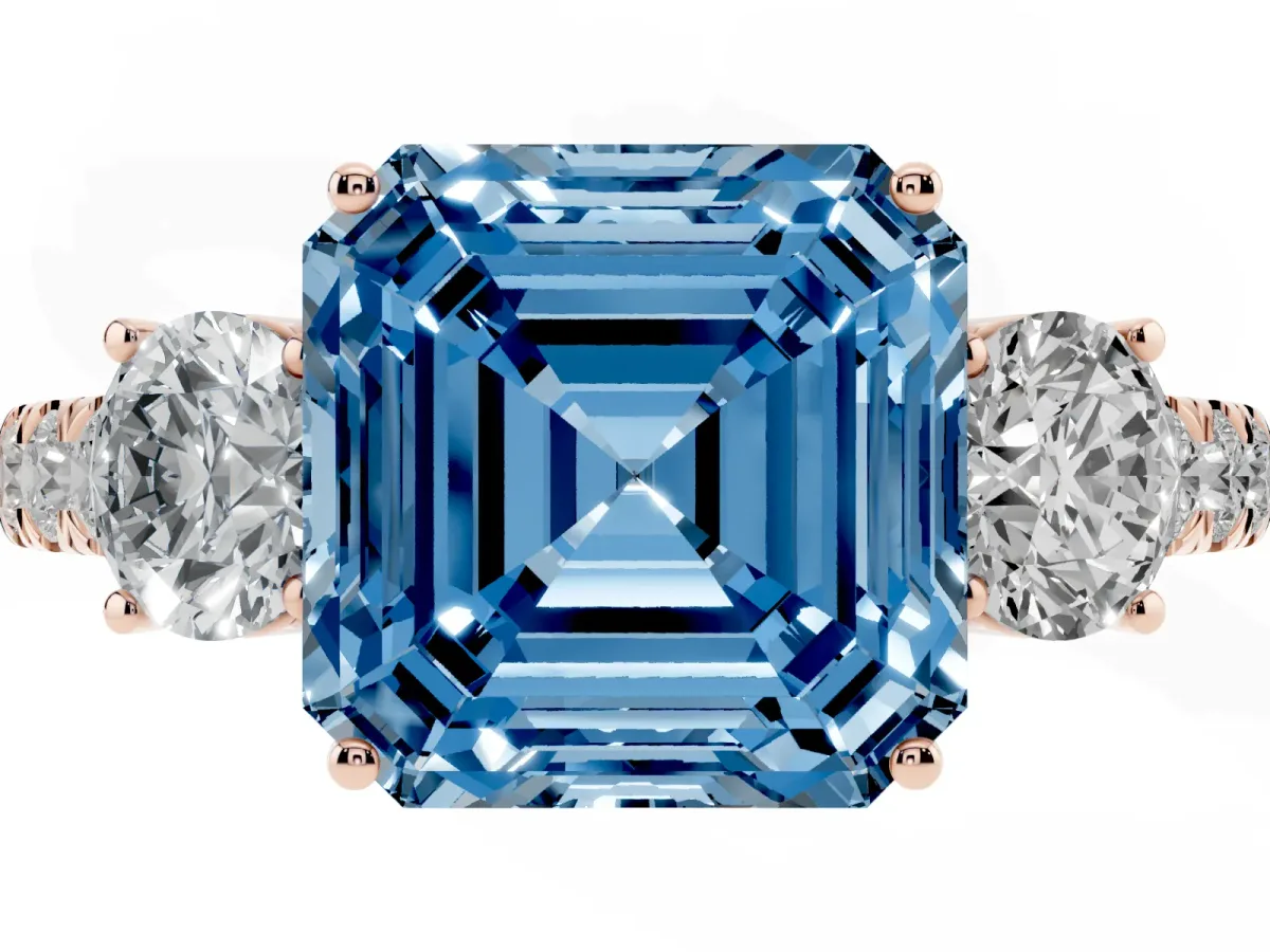 Fancy Blue Asscher Cut Cut Diamond Three-Stone Ring with Round Side Stones and Pavé Band Rose gold