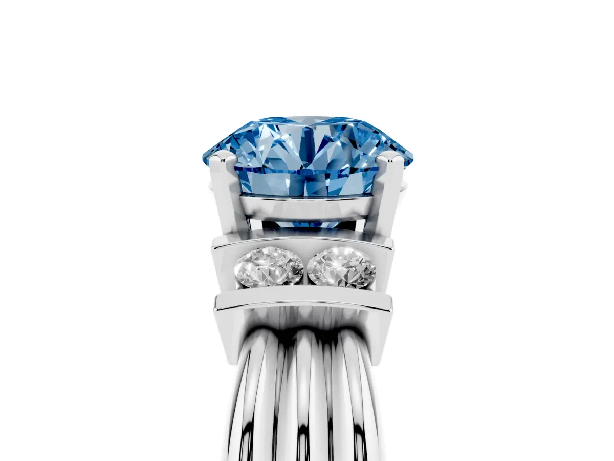 Fancy Blue Round Cut Cut Three-Stone Channel Set Ring with Bar Prongs Silver