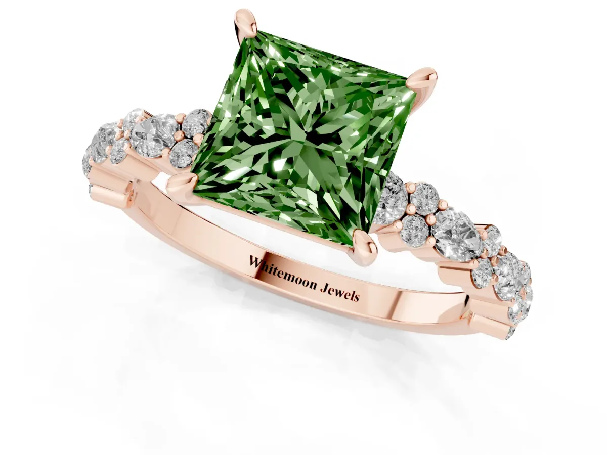 Fancy Green Princess Cut Diamond Side Stone Solitaire Ring with Round and Four-Prong Setting Rose gold