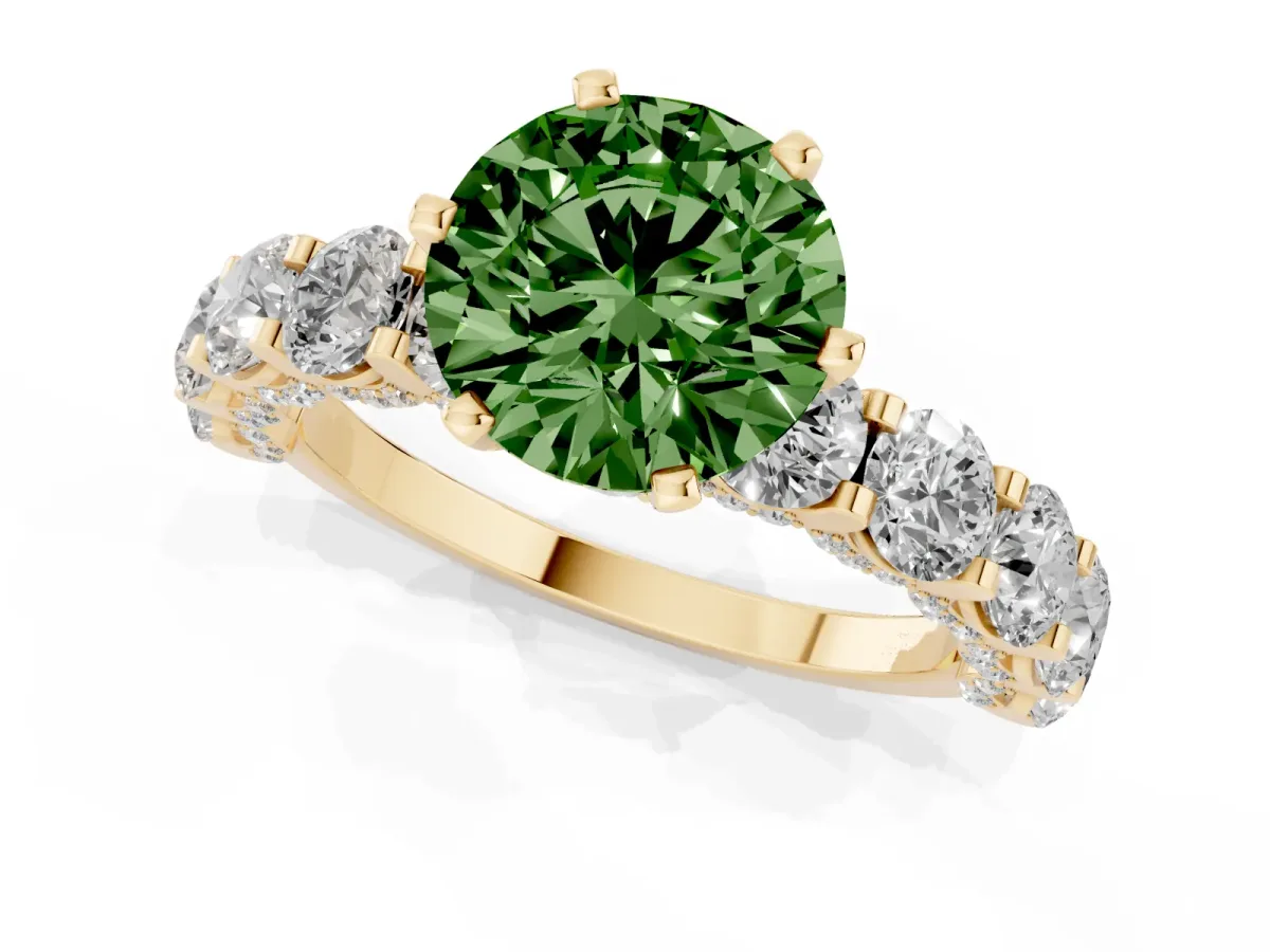 Fancy Green Round Cut Diamond Side Stone Engagement Ring with Four-Prong Setting Yellow gold