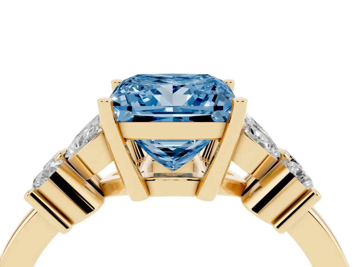 Fancy Blue Princess Cut Diamond Floral Cluster Ring with Solitaire Band and Prong Setting Yellow gold