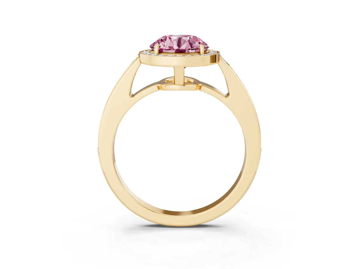 Fancy Pink Round Cut Halo Pavé Diamond Engagement Ring with Bezel Setting Yellow gold