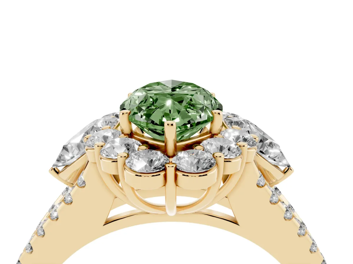 Fancy Green Marquise Cut Halo Split Shank Diamond Engagement Ring with Prong Setting Yellow gold