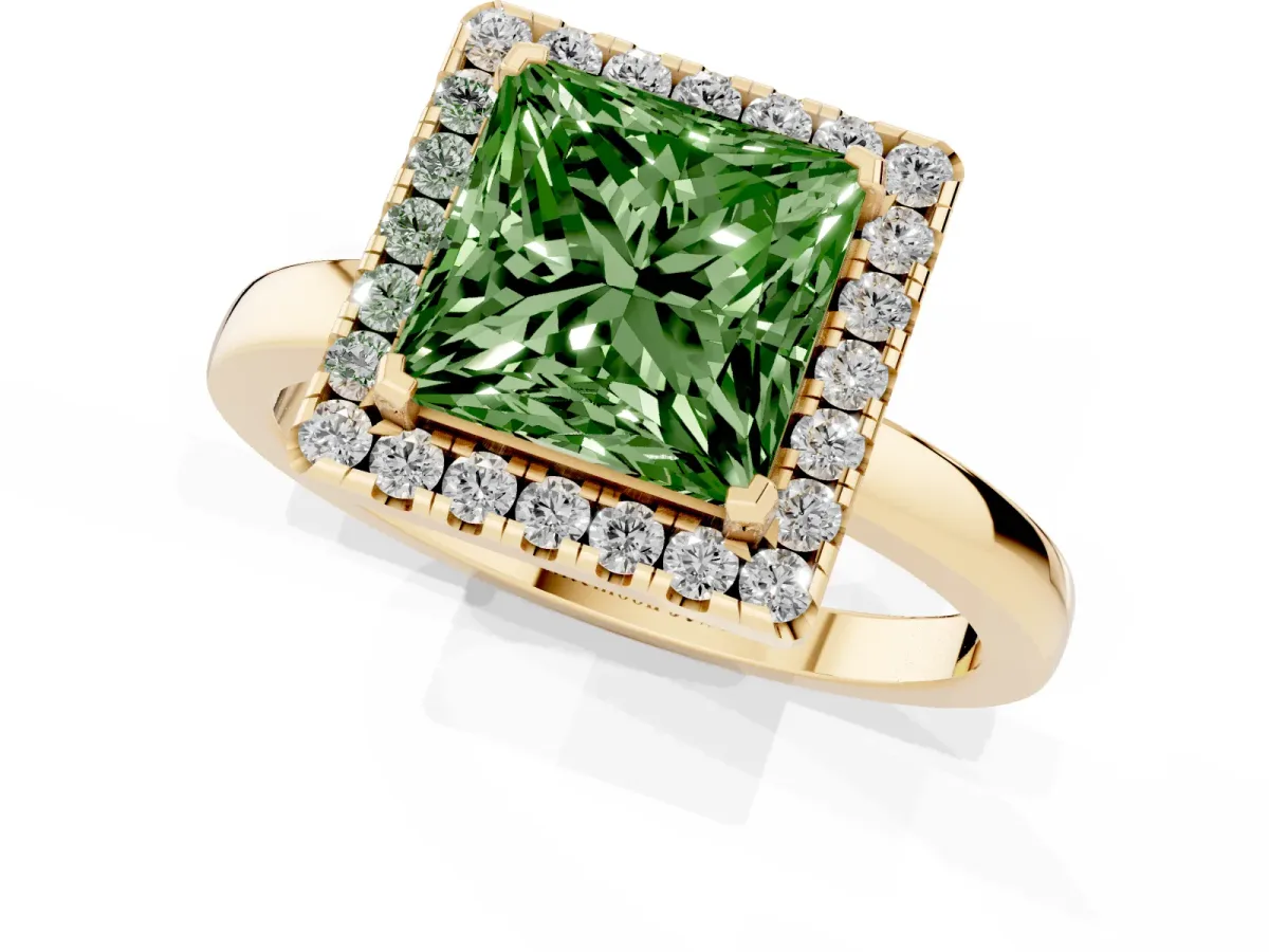 Fancy Green Princess Cut Halo Diamond Solitaire with Pavé Band and Four-Prong Setting Yellow gold