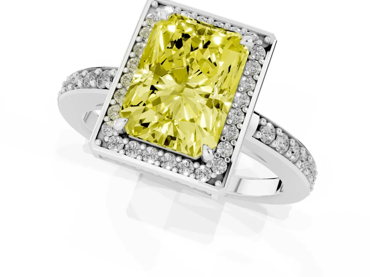 Fancy Yellow Radiant Cut Halo Pave Band Solitaire Ring with Prong Setting Silver