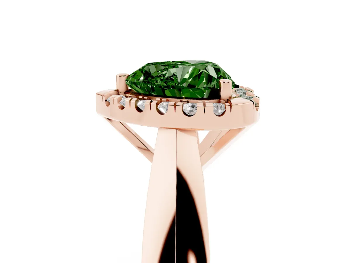 Fancy Green Heart Cut Cut Halo Solitaire Engagement Ring with Square Band and Four-Prong Setting Rose gold