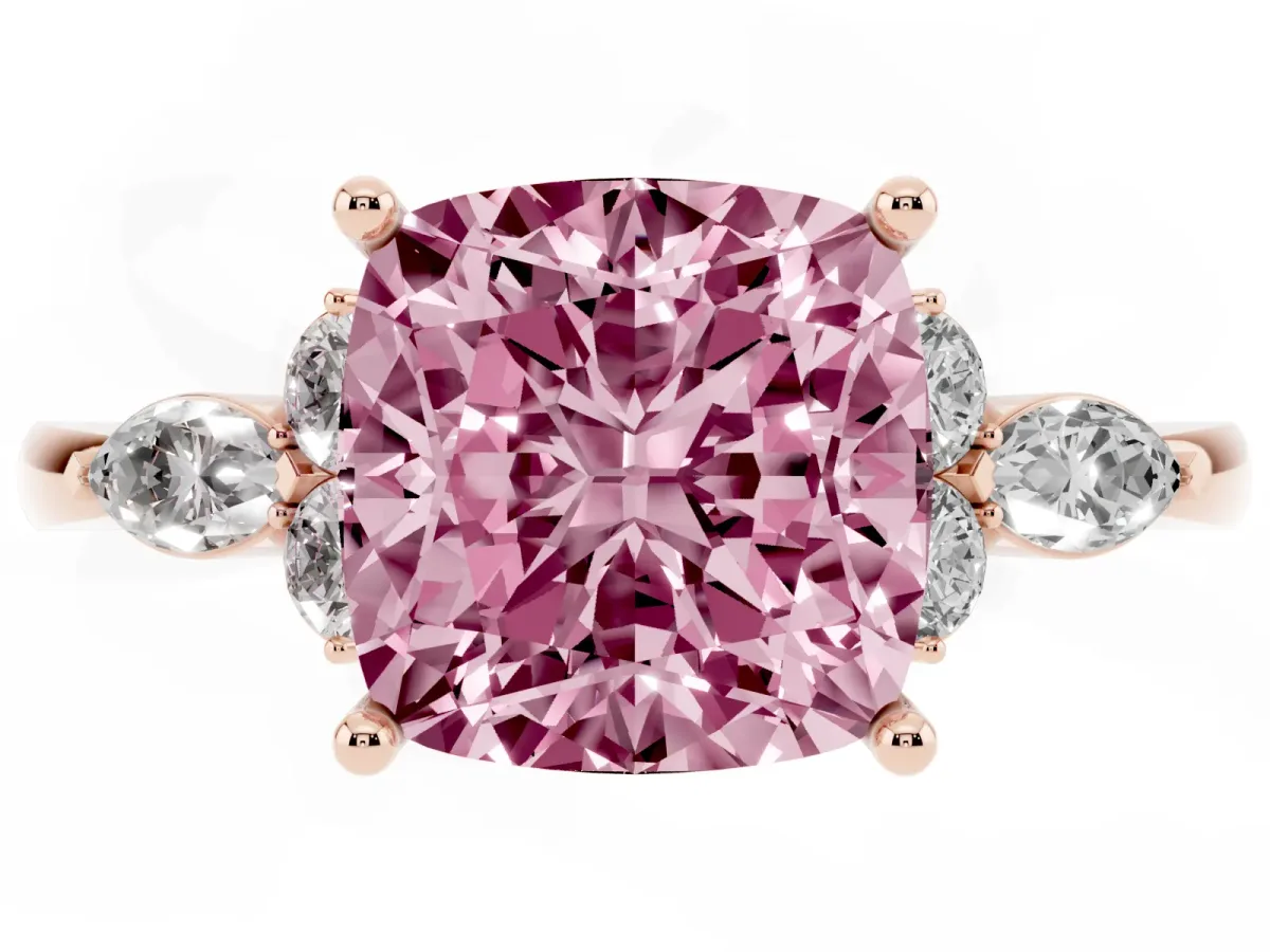 Fancy Pink Cushion Cut Brilliant Diamond Solitaire Ring with Pear Side Stones and Four-Prong Setting Rose gold