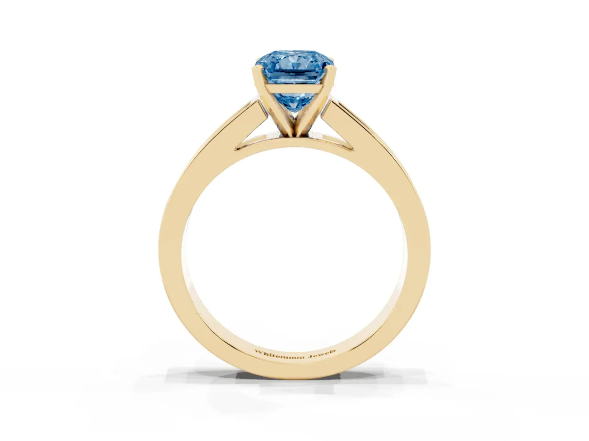 Fancy Blue Radiant Cut Solitaire Diamond Ring with Channel-Set Band and Four-Prong Setting Yellow gold
