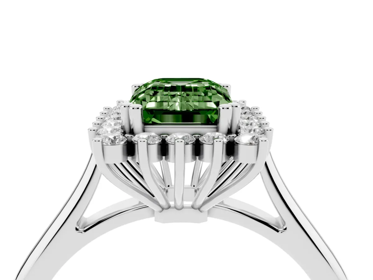Fancy Green Emerald Cut Cut Diamond Halo Ring with Solitaire Band and Prong Setting Silver