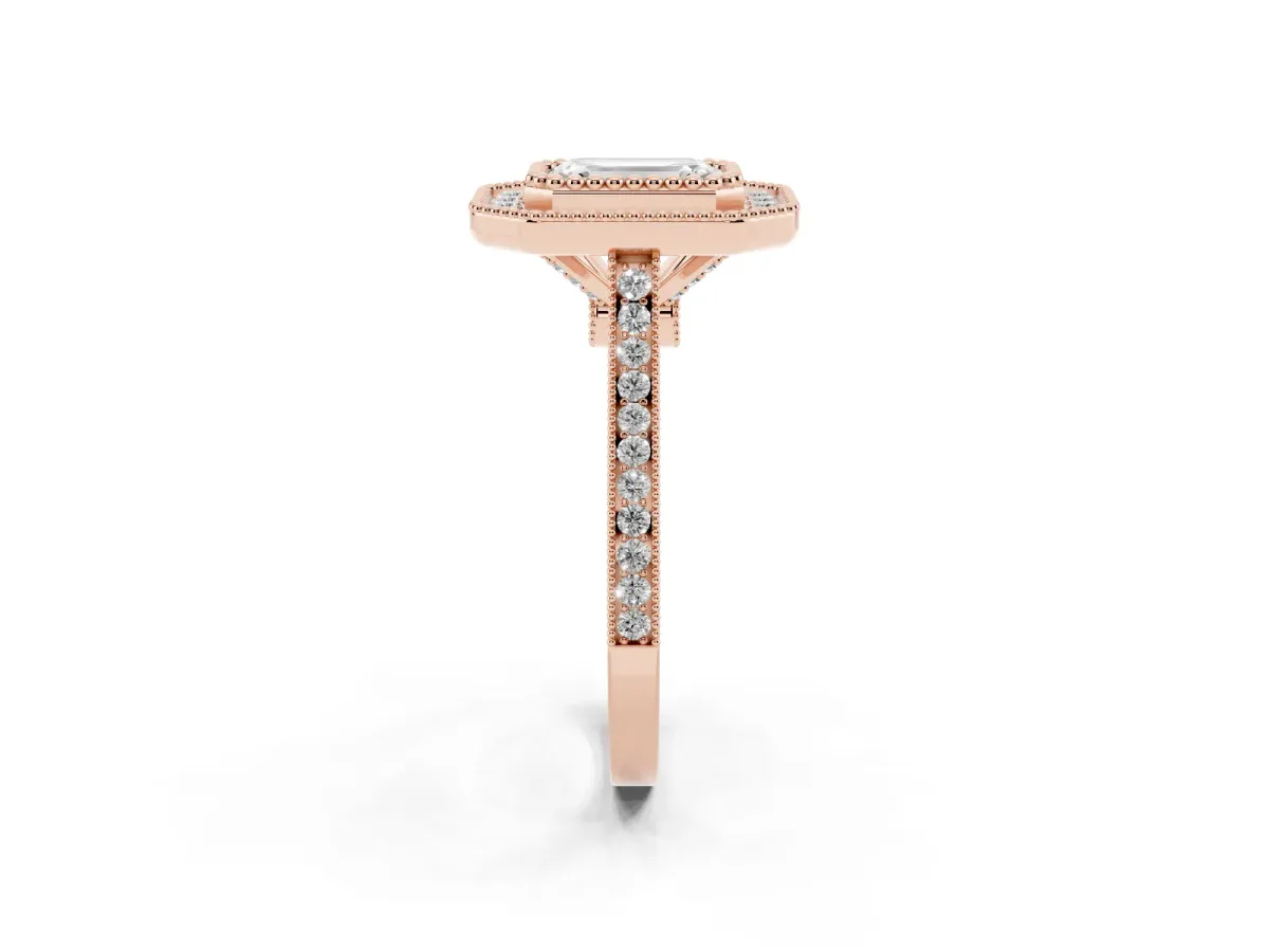 Emerald Cut Diamond Halo Ring with Milgrain Frame and Pavé Band Rose gold