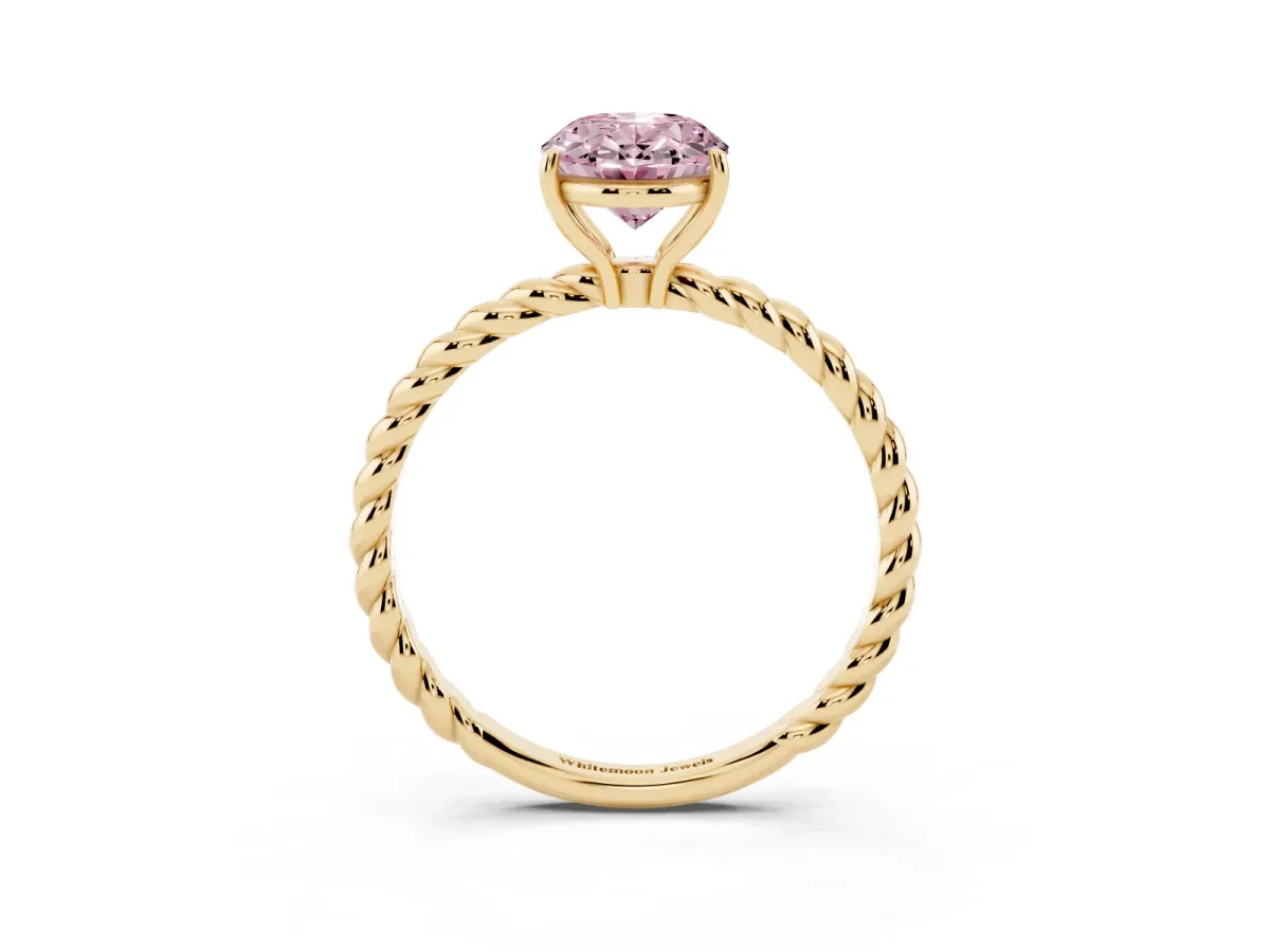 Fancy Pink Oval Cut Solitaire Twisted Band 4-Prong Ring Yellow gold