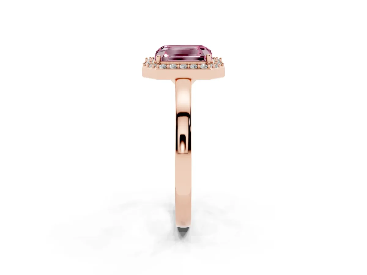 Fancy Pink Radiant Cut Halo Diamond Ring with Solitaire Band and Prong Setting Rose gold