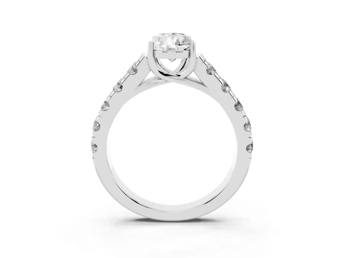 Pear Cut Cut Diamond Solitaire Ring with Micro Pave Band and Prong Setting Platinum