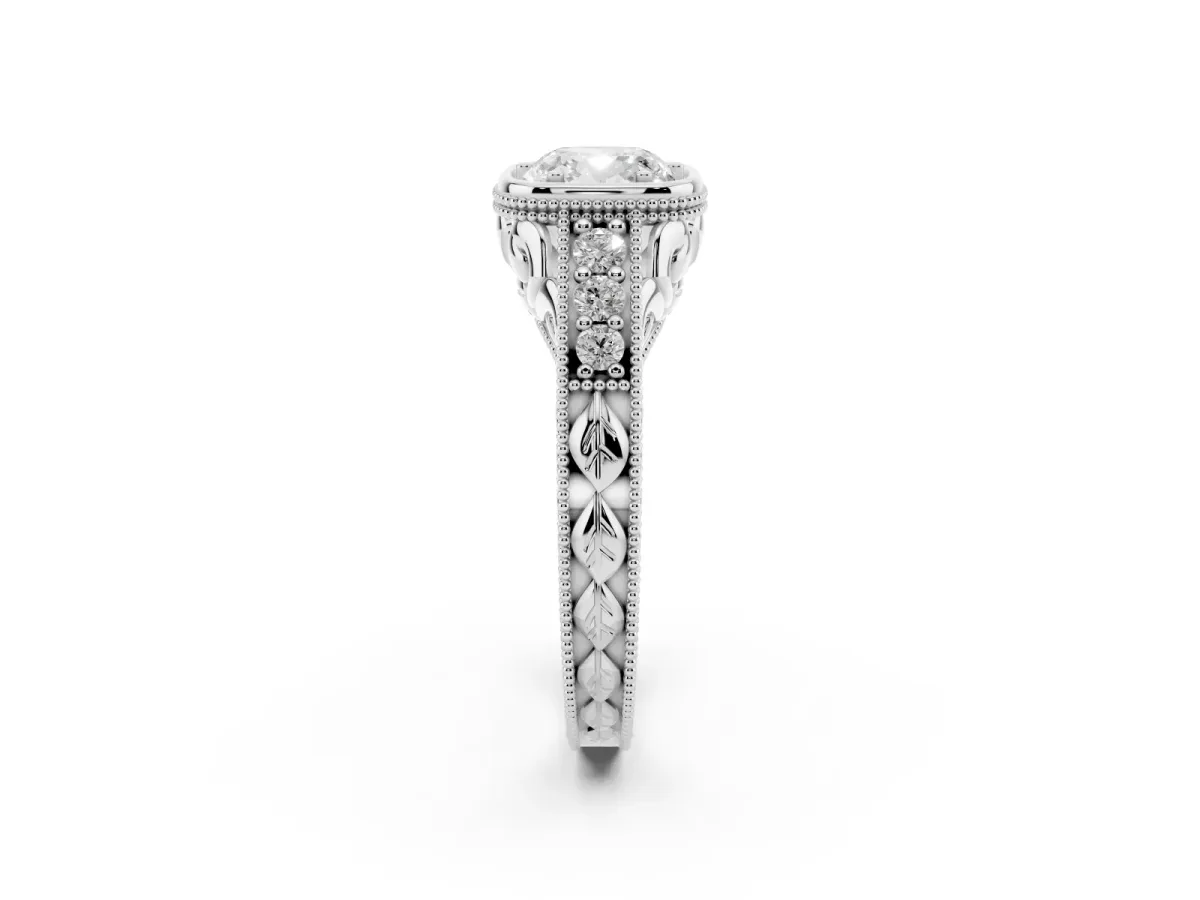 Bezel Set Cushion Cut Diamond Milgrain Pave Engagement Ring White gold
