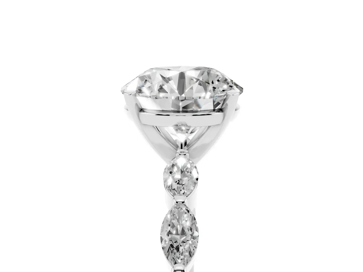 Round Cut Diamond Ring with Marquise Side Stones and Prong Setting Silver