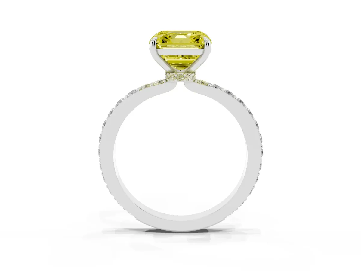 Fancy Yellow Asscher Cut Diamond Solitaire Engagement Ring with Pavé Band and Four-Prong Setting Silver