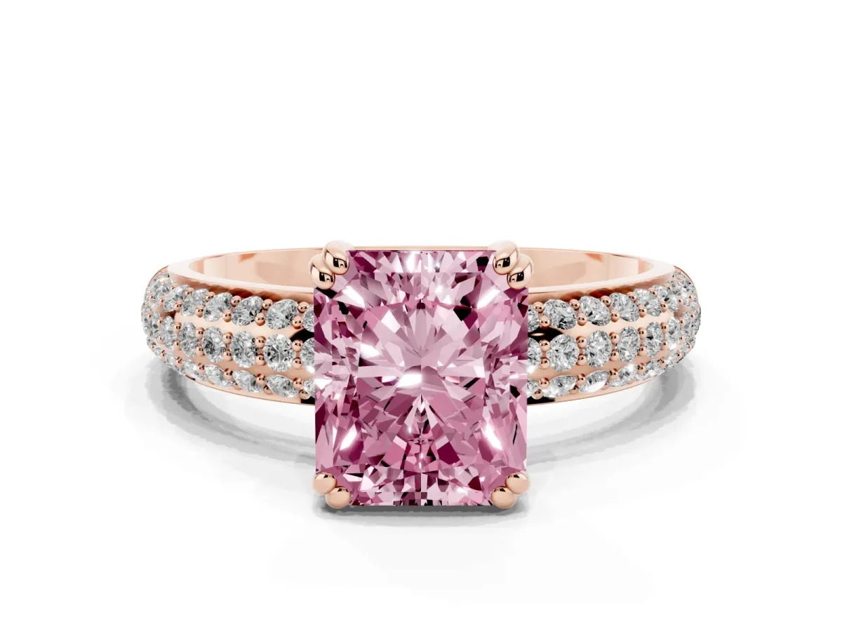 Fancy Pink Radiant Cut Diamond Solitaire Ring with Multi-Row Round Pavé Band and Prong Setting Rose gold