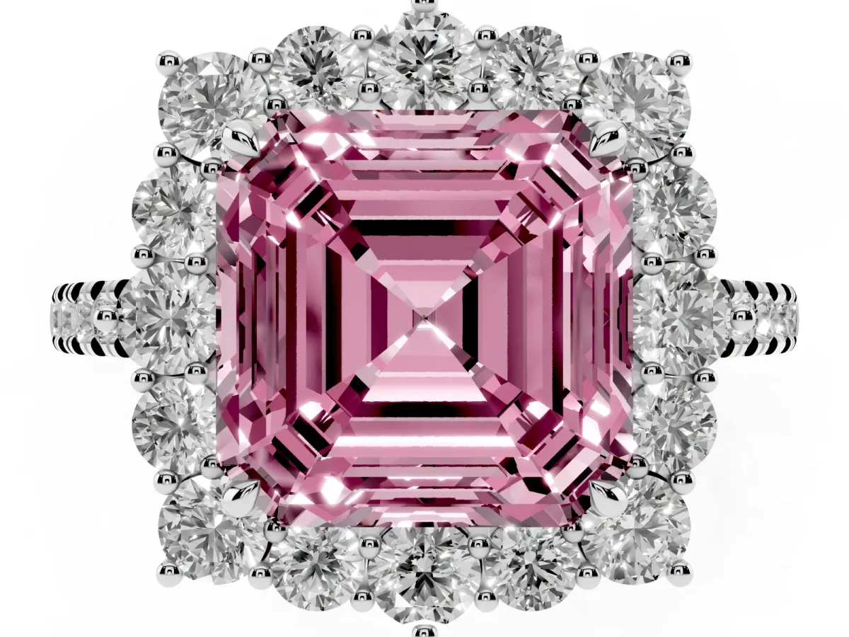 Fancy Pink Asscher Cut Halo Diamond Ring with Pavé Band and Prong Setting Silver