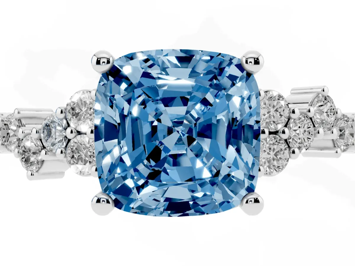 Fancy Blue Cushion Cut Diamond Scattered Round Accent Ring with Prong Setting Platinum