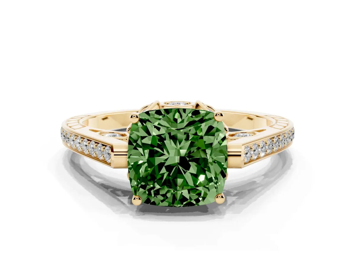 Fancy Green Cushion Cut Cut Cathedral Pave Diamond Engagement Ring with Six-Prong Setting Yellow gold