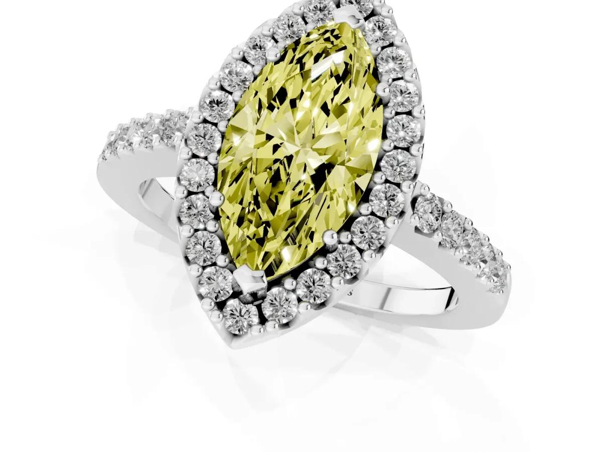 Fancy Yellow Marquise Cut Halo Diamond Pavé Solitaire Ring Silver