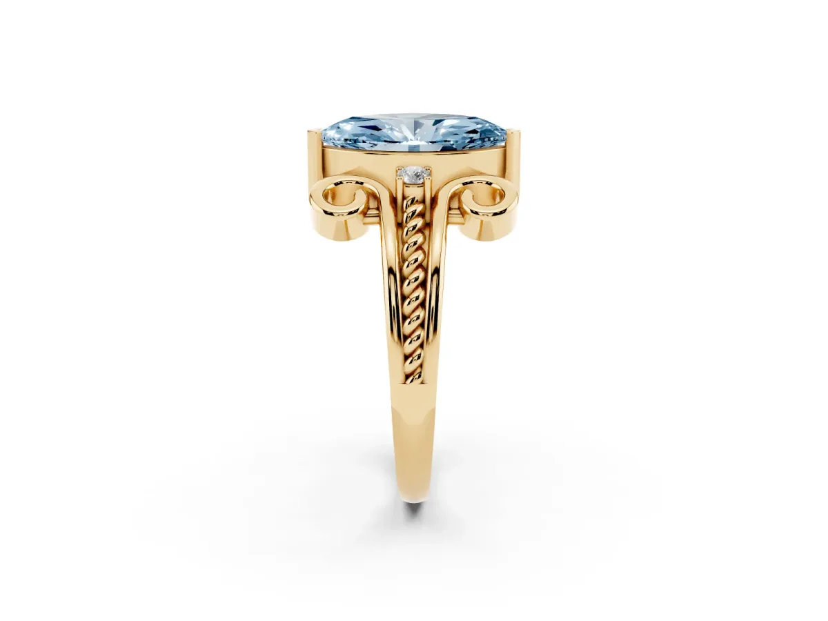 Fancy Blue Marquise Cut Solitaire Twisted Band Scroll Prong Ring Yellow gold