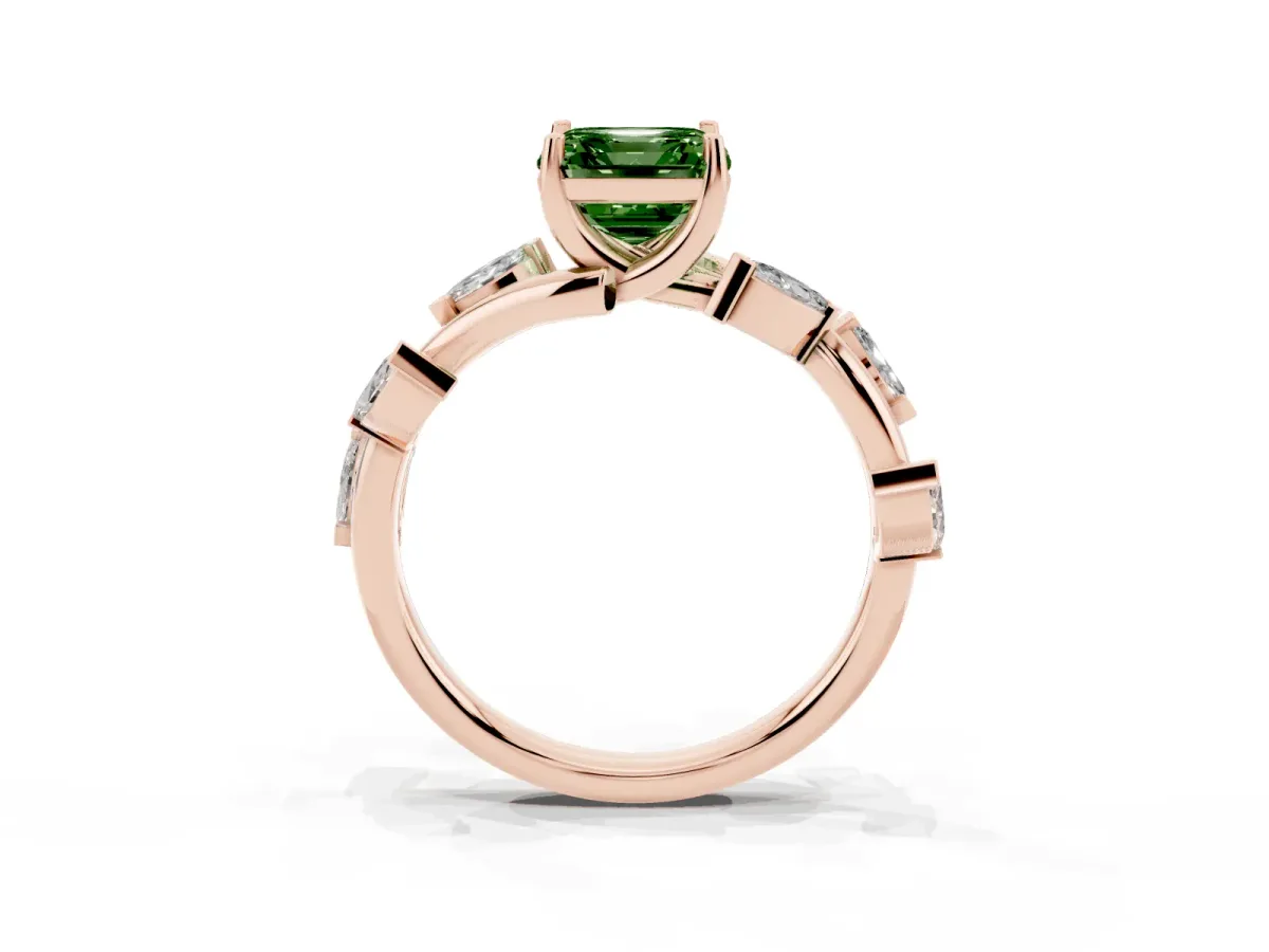 Fancy Green Asscher Cut Solitaire Twisted Band Marquise Accent Prong Setting Ring Rose gold