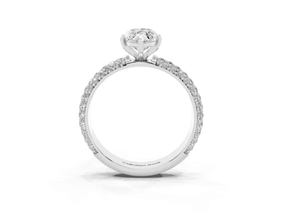 Marquise Cut Diamond Solitaire Ring with Prong Setting and Pavé Band Silver