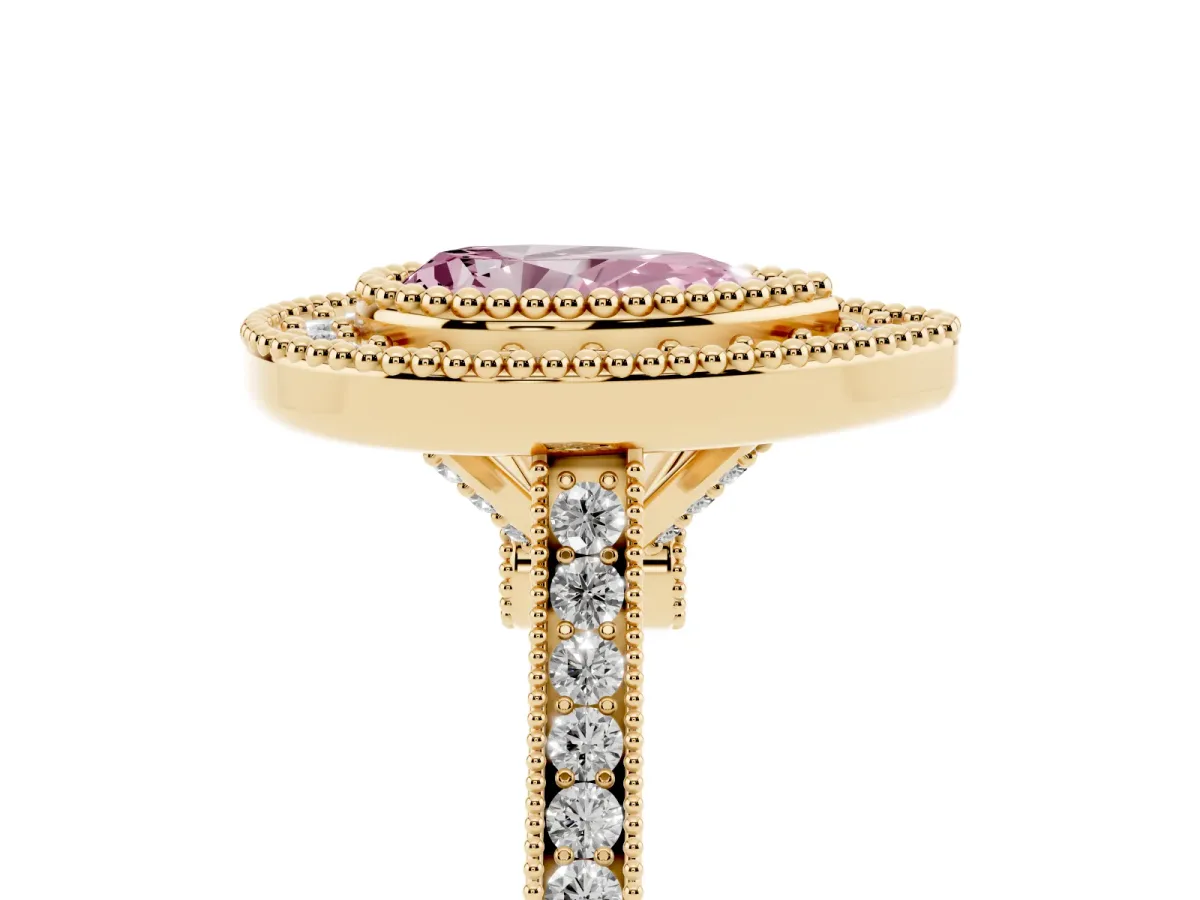 Fancy Pink Pear Cut Diamond Halo Ring with Milgrain Frame and Pavé Band Yellow gold