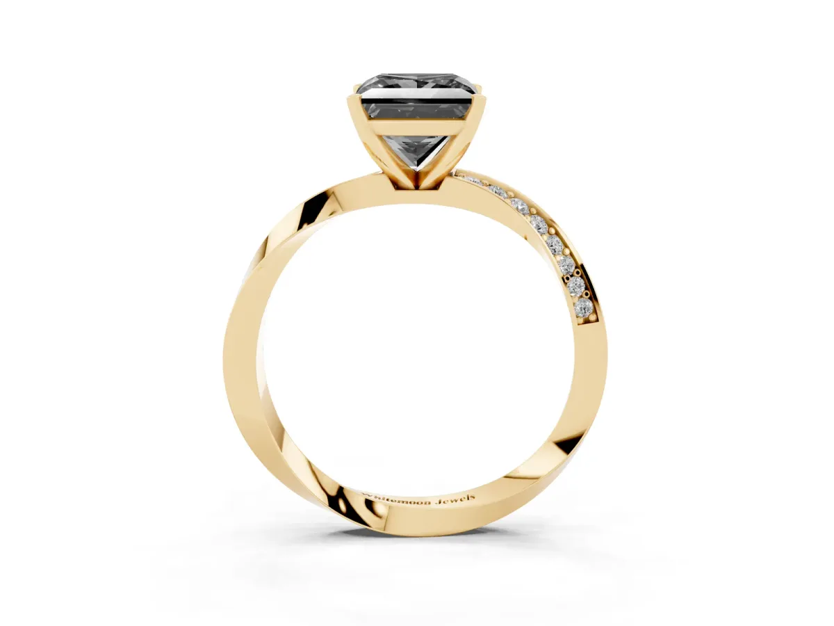 Fancy Black Princess Cut Diamond Engagement Ring with Side Stone Accents and Four-Prong Setting Yellow gold