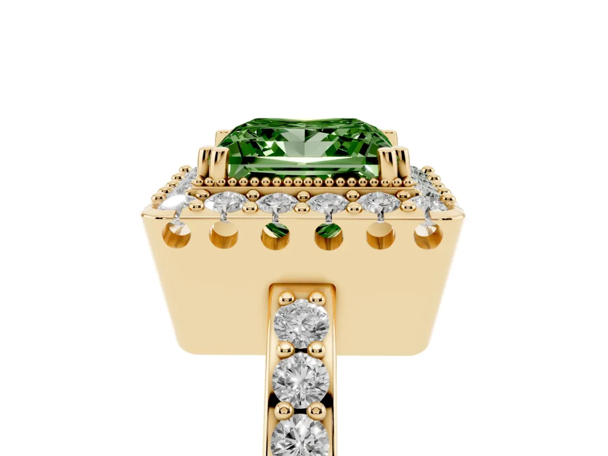 Fancy Green Princess Cut Diamond Halo Ring with Pavé Band and Prong Setting Yellow gold