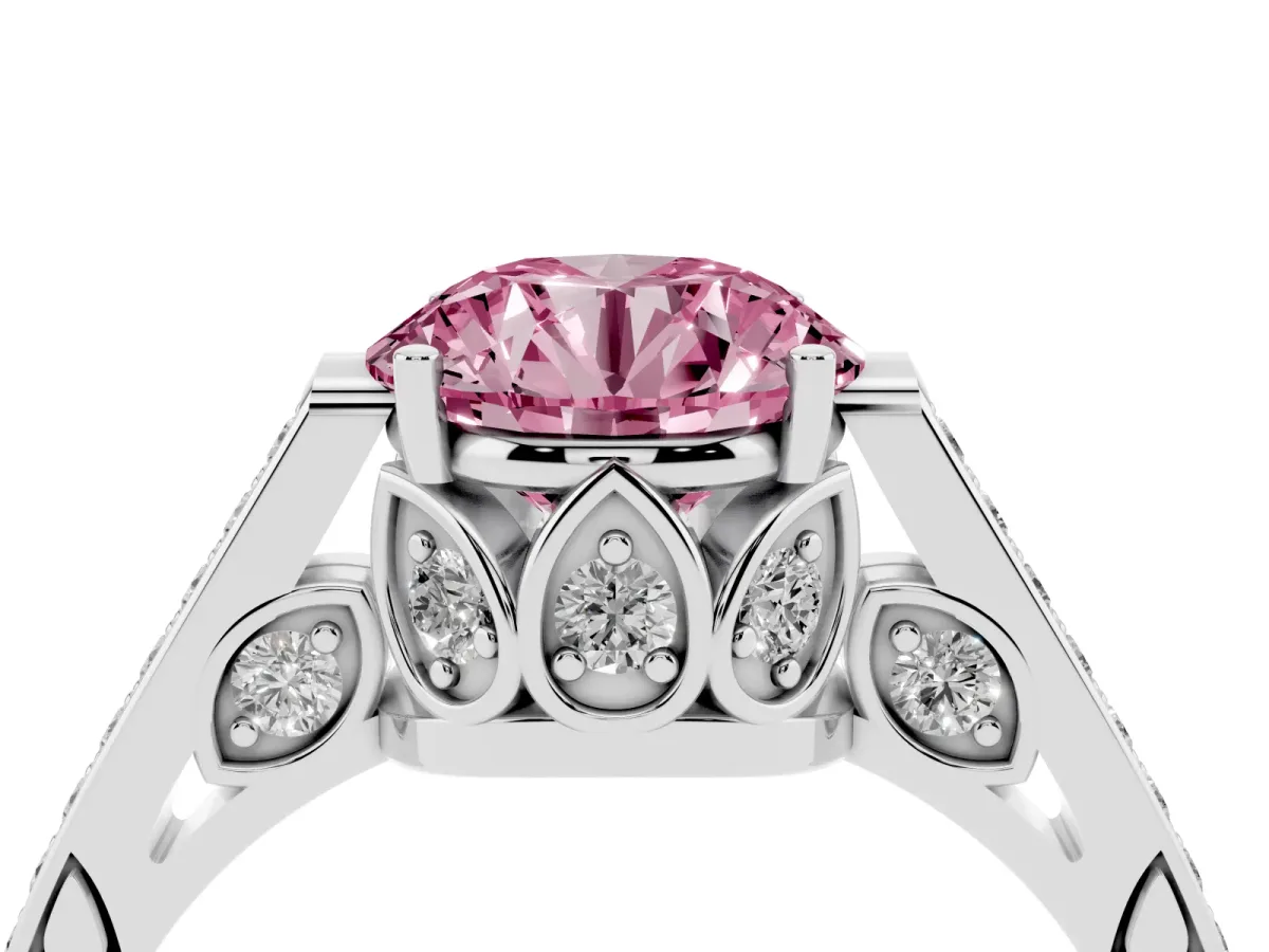 Fancy Pink Round Cut Cut Cathedral Pave Diamond Engagement Ring with Six-Prong Setting Silver