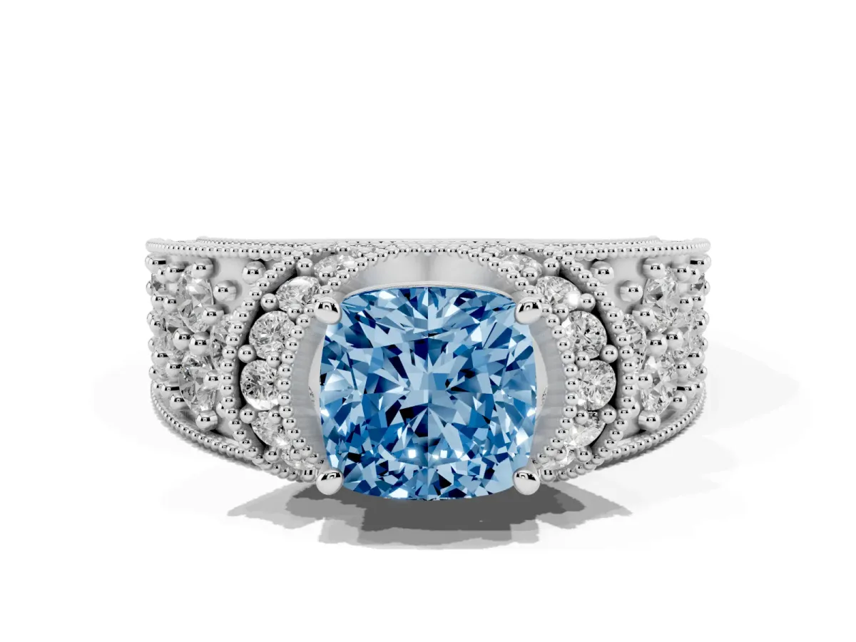 Fancy Blue Cushion Cut Halo Pave Diamond Engagement Ring with Milgrain Detailing Platinum