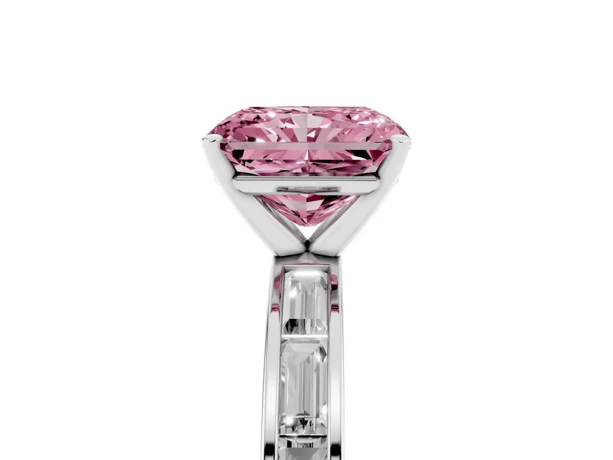 Fancy Pink Radiant Cut Solitaire Diamond Ring with Channel-Set Baguette Band and Four-Prong Setting Silver