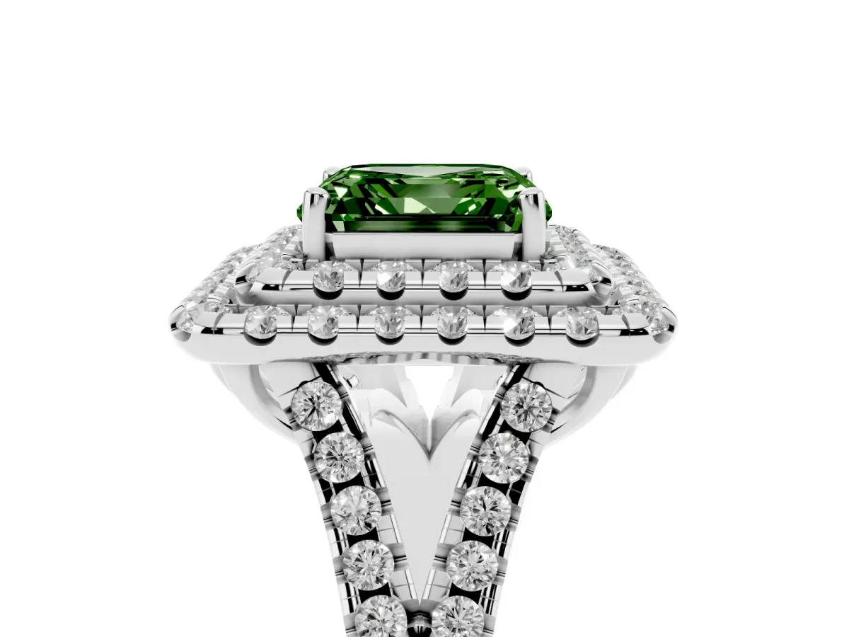 Fancy Green Double Halo Asscher Cut Diamond Pavé Split Shank Ring with Prong Setting Silver