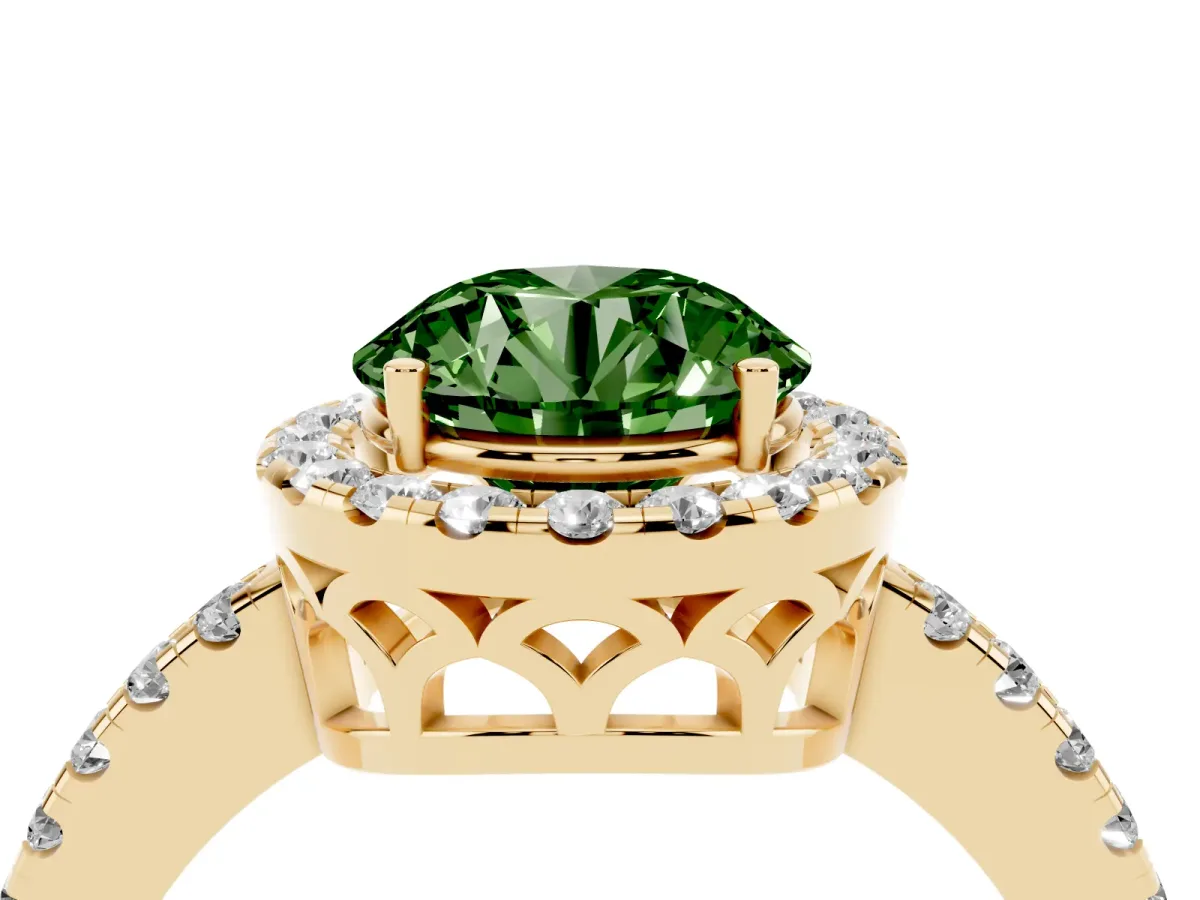 Fancy Green Round Cut Halo Diamond Engagement Ring with Pavé Band and Four-Prong Setting Yellow gold