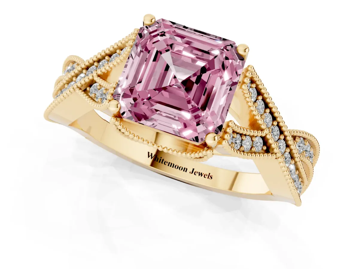 Fancy Pink Asscher Cut Cut Diamond Twisted Band with Milgrain Pave Setting and Four-Prong Setting Yellow gold