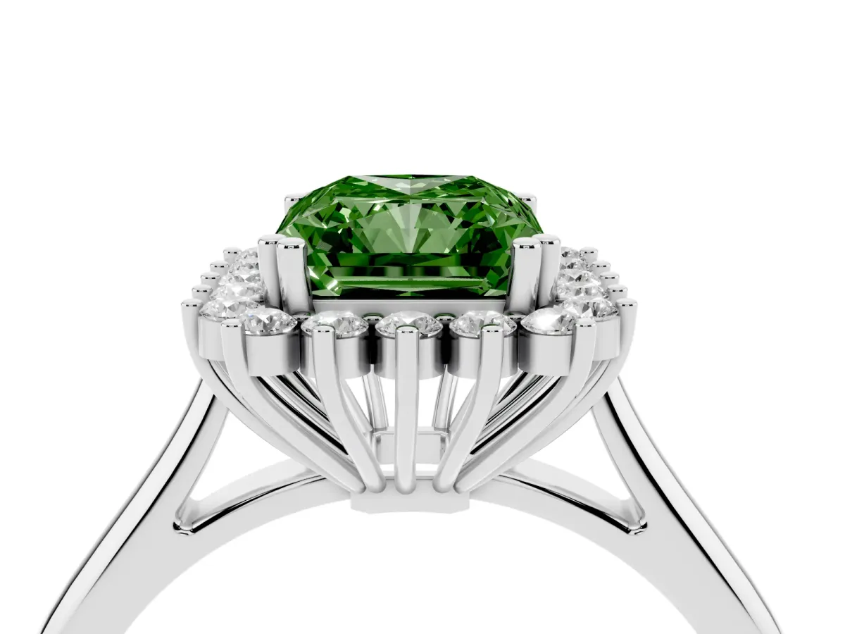 Fancy Green Radiant Cut Cut Diamond Halo Ring with Solitaire Band and Prong Setting Silver