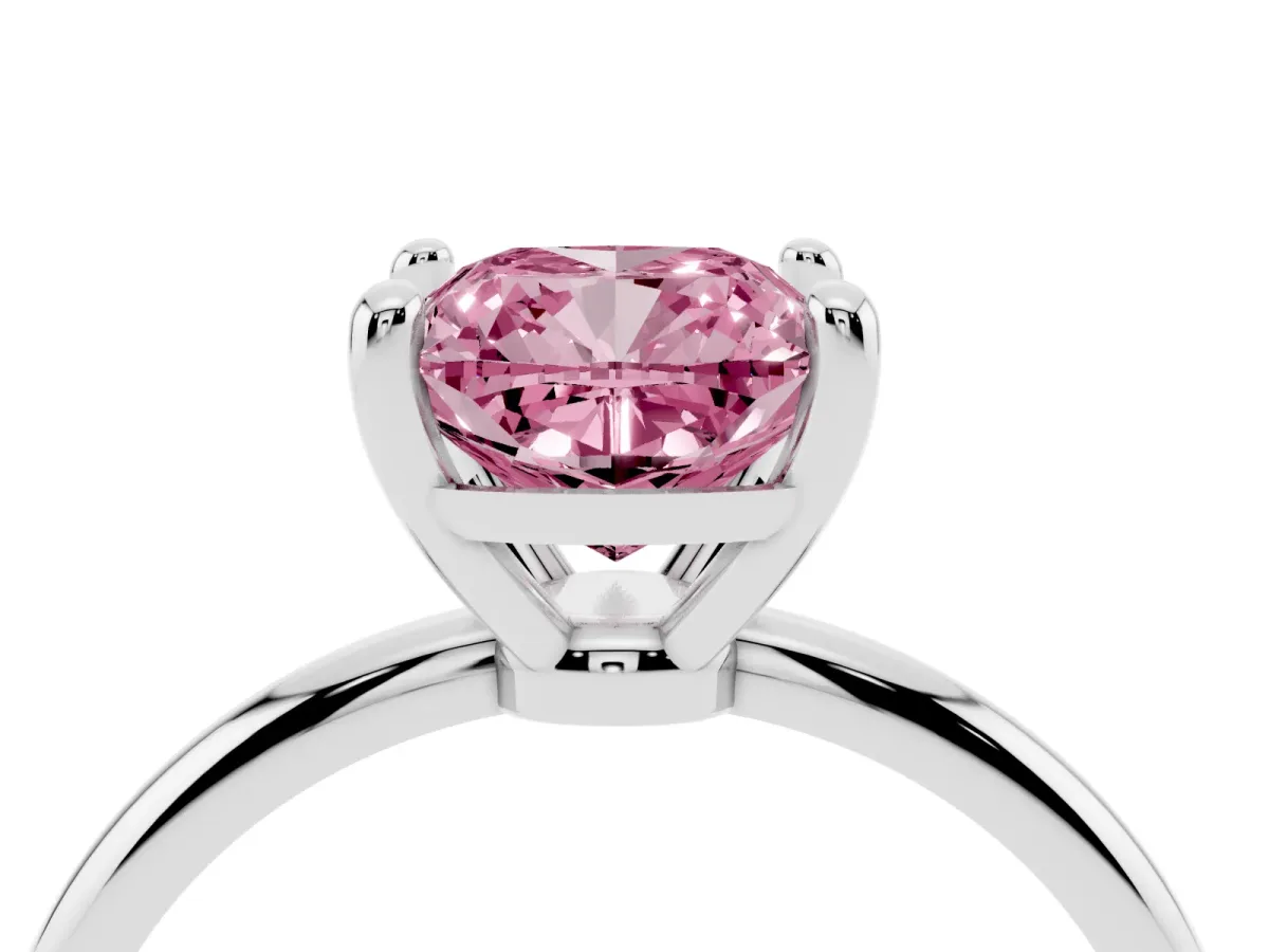 Fancy Pink Cushion Cut Solitaire Diamond Ring with 4-Prong Setting on a Classic Band Silver
