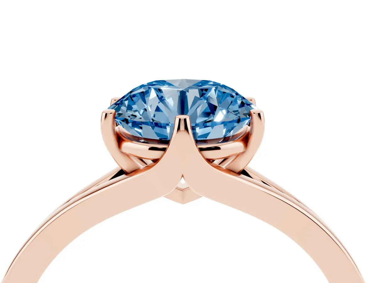 Fancy Blue Round Cut Solitaire Diamond Ring with Six-Prong Setting and Tapered Band Rose gold