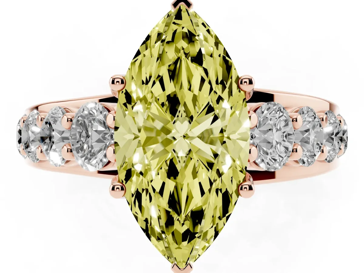 Fancy Yellow Marquise Cut Diamond Engagement Ring with Pavé Band and Four-Prong Setting Rose gold