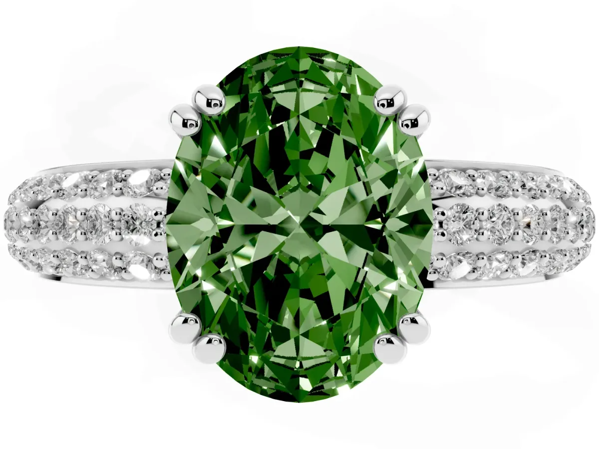 Fancy Green Oval Cut Diamond Solitaire Ring with Multi-Row Round Pavé Band and Prong Setting Silver