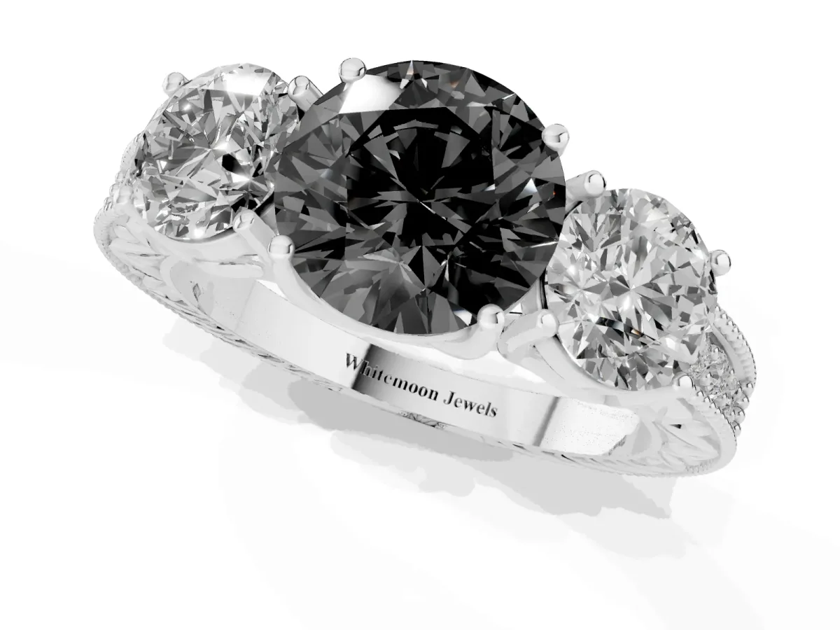 Fancy Black Three-Stone Round Cut Cut Milgrain Pavé Engagement Ring Silver