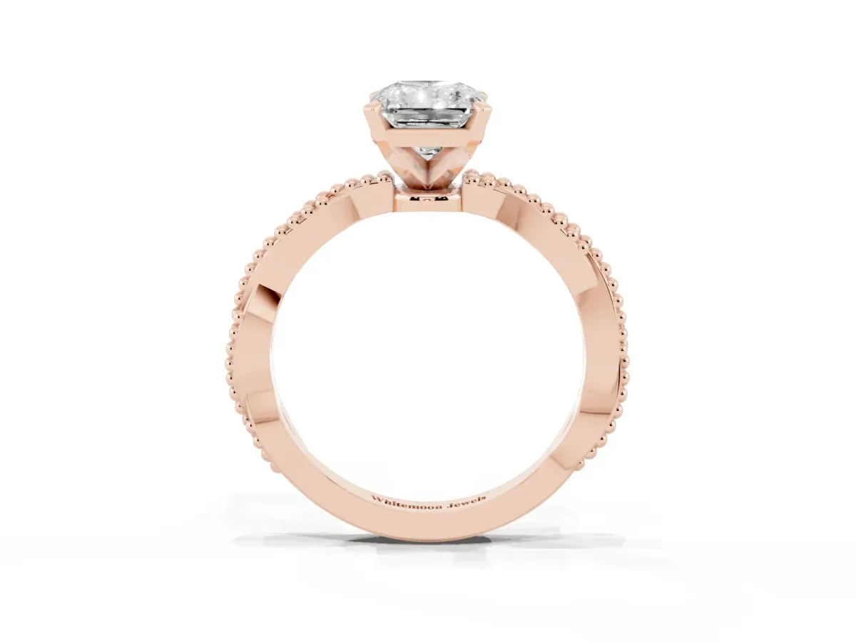 Radiant Cut Solitaire Twisted Band with Bead Prong Setting Rose gold