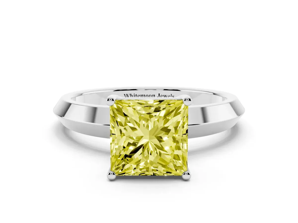 Fancy Yellow Princess Cut Cut Solitaire Engagement Ring with Flat Band and Four-Prong Setting Platinum